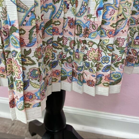Vintage Shrader Sport Paisley Floral Knife Pleat Midi Skirt Set Cream Multi 6P - Picture 9 of 14